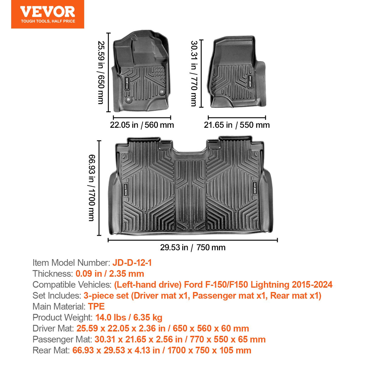 VEVOR automašīnas grīdas paklāji Ford F-150 / F-150 Lightning (2015-2024), 3 габ., TPE