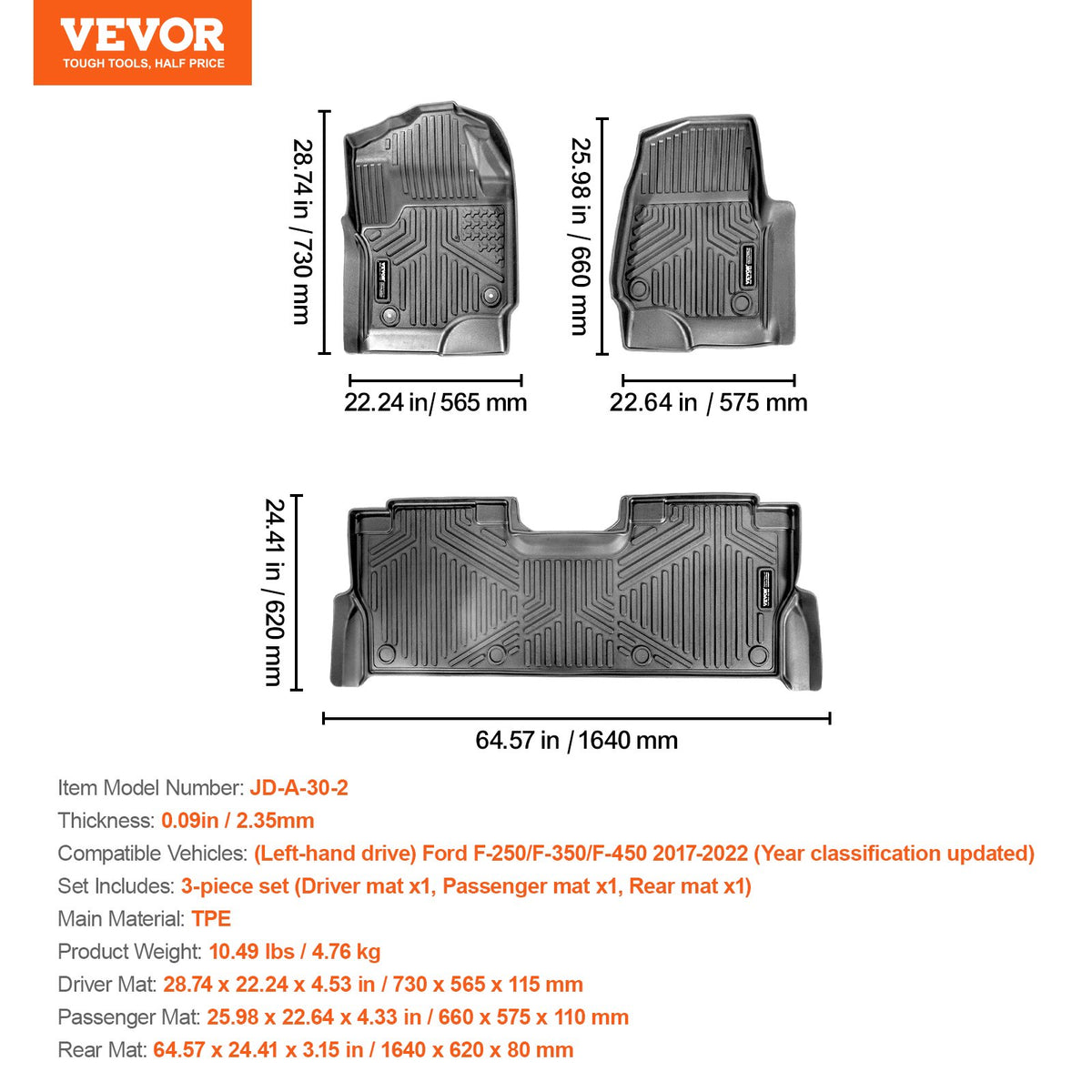 VEVOR Car Floor Mats Ford F-250 / F-350 / F-450 (2017–2022), 3 pcs, TPE