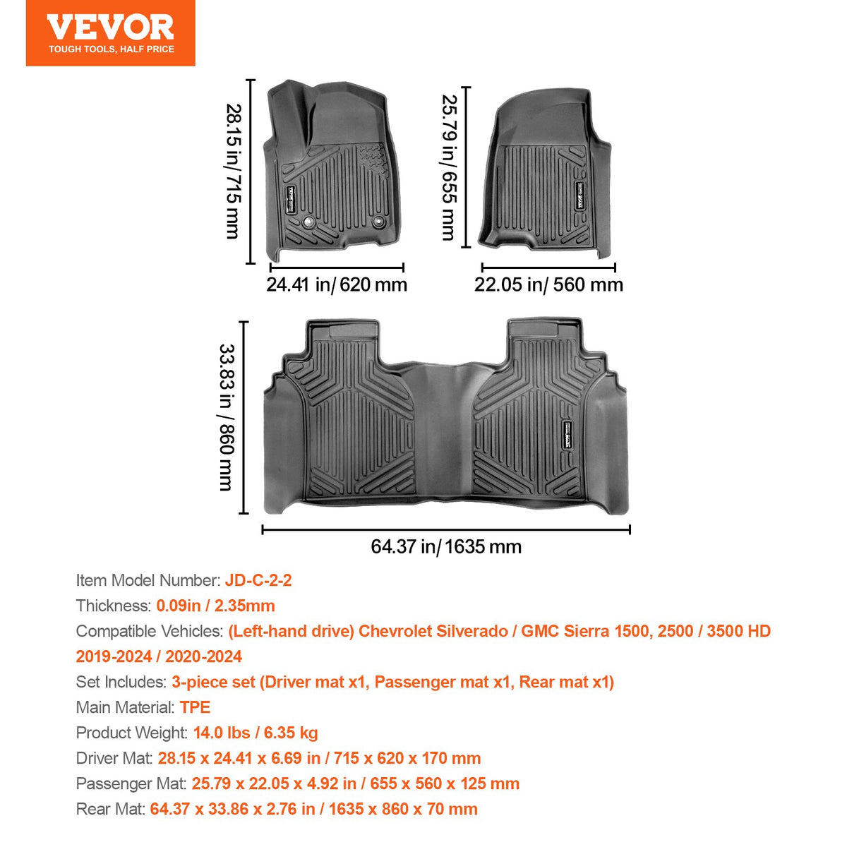 VEVOR Car Floor Mats for Chevrolet Silverado / GMC Sierra 1500, 3 pcs