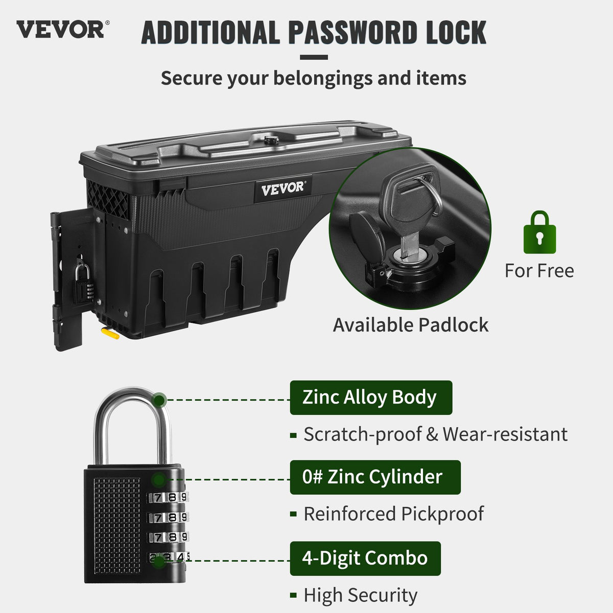 VEVOR Truck Bed Storage Box 20 L – Lockable Lid, Waterproof, ABS Wheel-Mounted Tool Box with Combination Lock, Fits Dodge Ram 1500 (2019–2021), Driver Side, Black