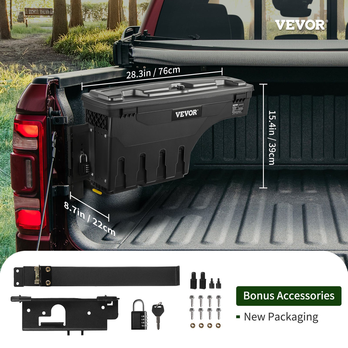 VEVOR Truck Bed Storage Box 20 L – Lockable Lid, Waterproof, ABS Wheel-Mounted Tool Box with Combination Lock, Fits Dodge Ram 1500 (2019–2021), Driver Side, Black