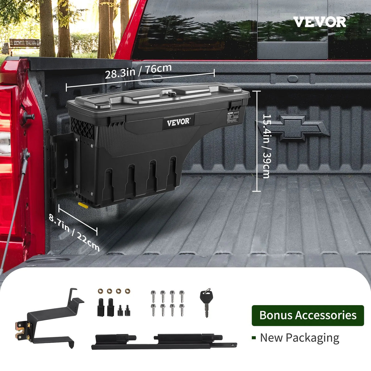 VEVOR kravas automašīnas riteņu arkas instrumentu kaste, 20 l, ar slēdzamu ūdensizturīgu ABS vāku, piemērota Chevrolet Silverado 1500 un GMC Sierra 1500 (2019–2020), vadītāja puse, melna