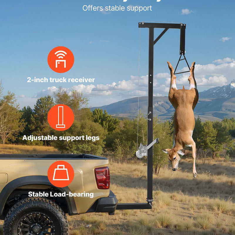 Medījuma pacēlājs ar automašīnas āķa stiprinājumu, 136 kg celtspēja, 360° grozāms stienis ar regulējamu augstumu, 2 collu savienotājs, aprīkots ar vinču un medījuma pakaramo ādas noņemšanai un tīrīšanai