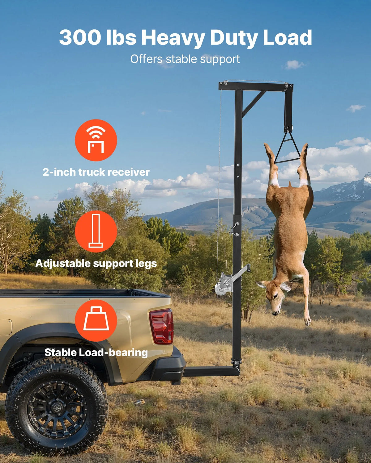Game Hoist with Vehicle Hitch Mount, 136 kg Lifting Capacity, 360° Rotating Pole with Adjustable Height, 2 Inch Connector, Equipped with Winch and Game Gambrel for Skinning and Cleaning