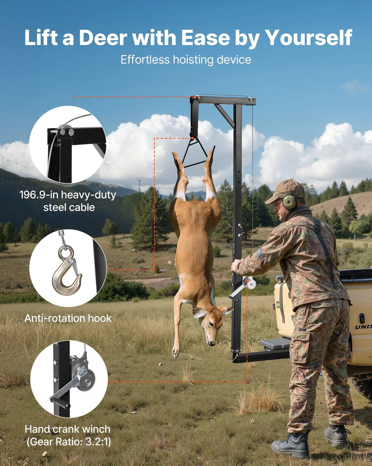 Game Hoist with Vehicle Hitch Mount, 136 kg Lifting Capacity, 360° Rotating Pole with Adjustable Height, 2 Inch Connector, Equipped with Winch and Game Gambrel for Skinning and Cleaning