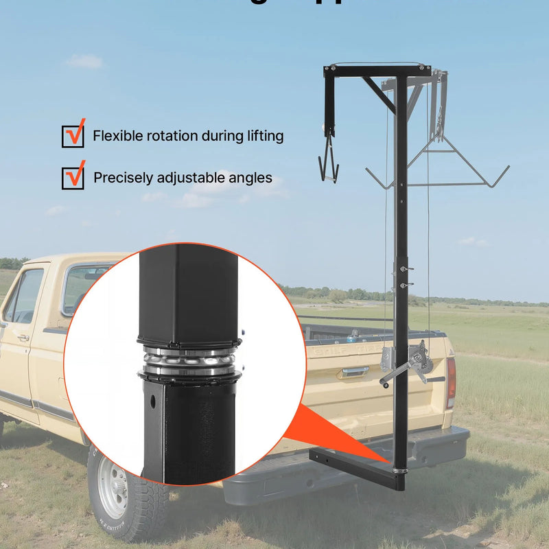 Medījuma pacēlājs ar automašīnas āķa stiprinājumu, 136 kg celtspēja, 360° grozāms stienis ar regulējamu augstumu, 2 collu savienotājs, aprīkots ar vinču un medījuma pakaramo ādas noņemšanai un tīrīšanai
