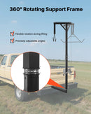Medījuma pacēlājs ar automašīnas āķa stiprinājumu, 136 kg celtspēja, 360° grozāms stienis ar regulējamu augstumu, 2 collu savienotājs, aprīkots ar vinču un medījuma pakaramo ādas noņemšanai un tīrīšanai