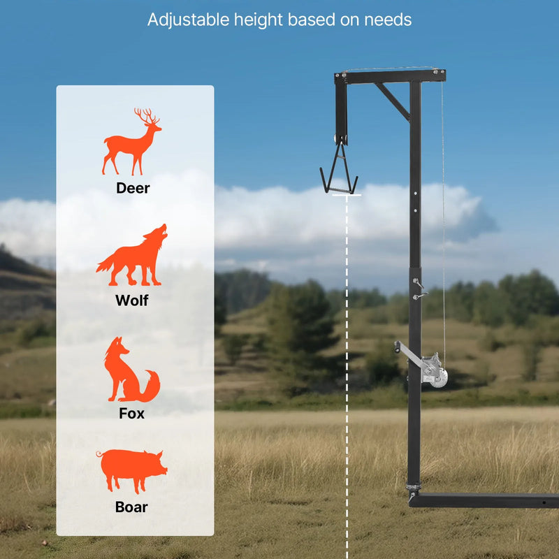 Medījuma pacēlājs ar automašīnas āķa stiprinājumu, 136 kg celtspēja, 360° grozāms stienis ar regulējamu augstumu, 2 collu savienotājs, aprīkots ar vinču un medījuma pakaramo ādas noņemšanai un tīrīšanai