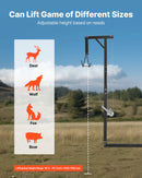 Medījuma pacēlājs ar automašīnas āķa stiprinājumu, 136 kg celtspēja, 360° grozāms stienis ar regulējamu augstumu, 2 collu savienotājs, aprīkots ar vinču un medījuma pakaramo ādas noņemšanai un tīrīšanai