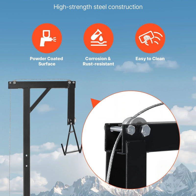 Medījuma pacēlājs ar automašīnas āķa stiprinājumu, 136 kg celtspēja, 360° grozāms stienis ar regulējamu augstumu, 2 collu savienotājs, aprīkots ar vinču un medījuma pakaramo ādas noņemšanai un tīrīšanai
