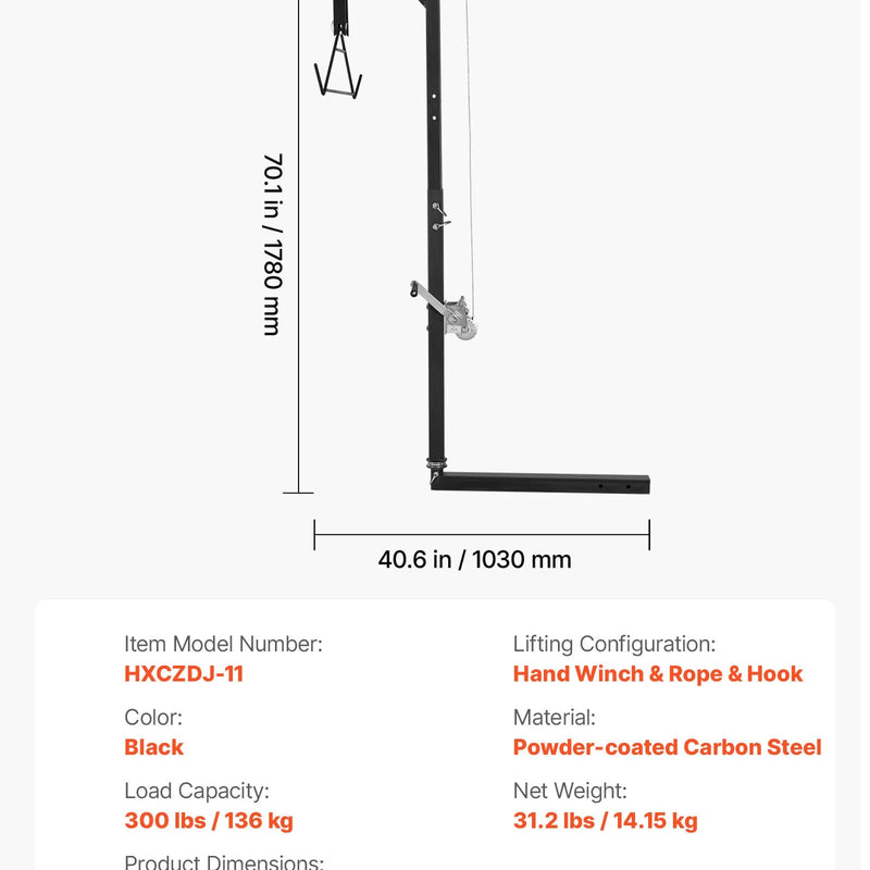 Medījuma pacēlājs ar automašīnas āķa stiprinājumu, 136 kg celtspēja, 360° grozāms stienis ar regulējamu augstumu, 2 collu savienotājs, aprīkots ar vinču un medījuma pakaramo ādas noņemšanai un tīrīšanai