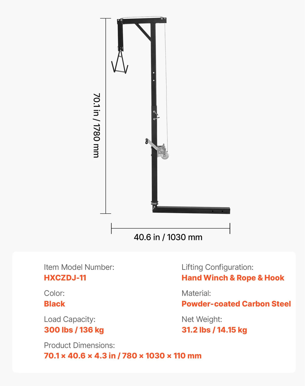 Game Hoist with Vehicle Hitch Mount, 136 kg Lifting Capacity, 360° Rotating Pole with Adjustable Height, 2 Inch Connector, Equipped with Winch and Game Gambrel for Skinning and Cleaning
