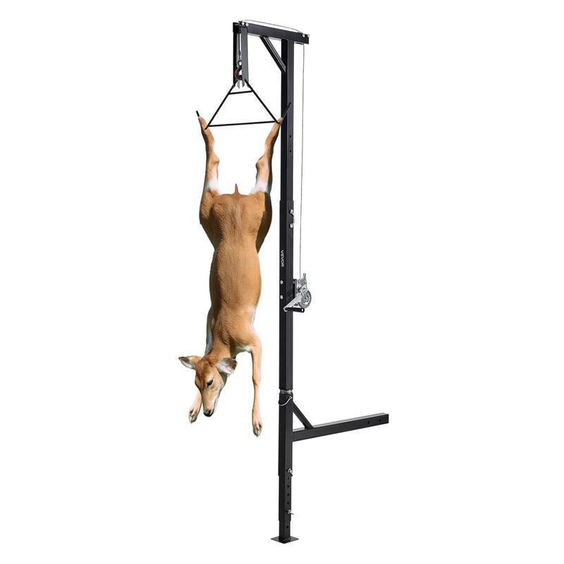 Kravas automašīnas piekabes medījuma pacēlājs, 400 kg celtspēja, medību briežu pacēlājs ar 50 mm stiprinājumu, 360° rotējošu asi un regulējamu augstumu, ar vinču un āķi medījuma tīrīšanai un nodīrāšanai