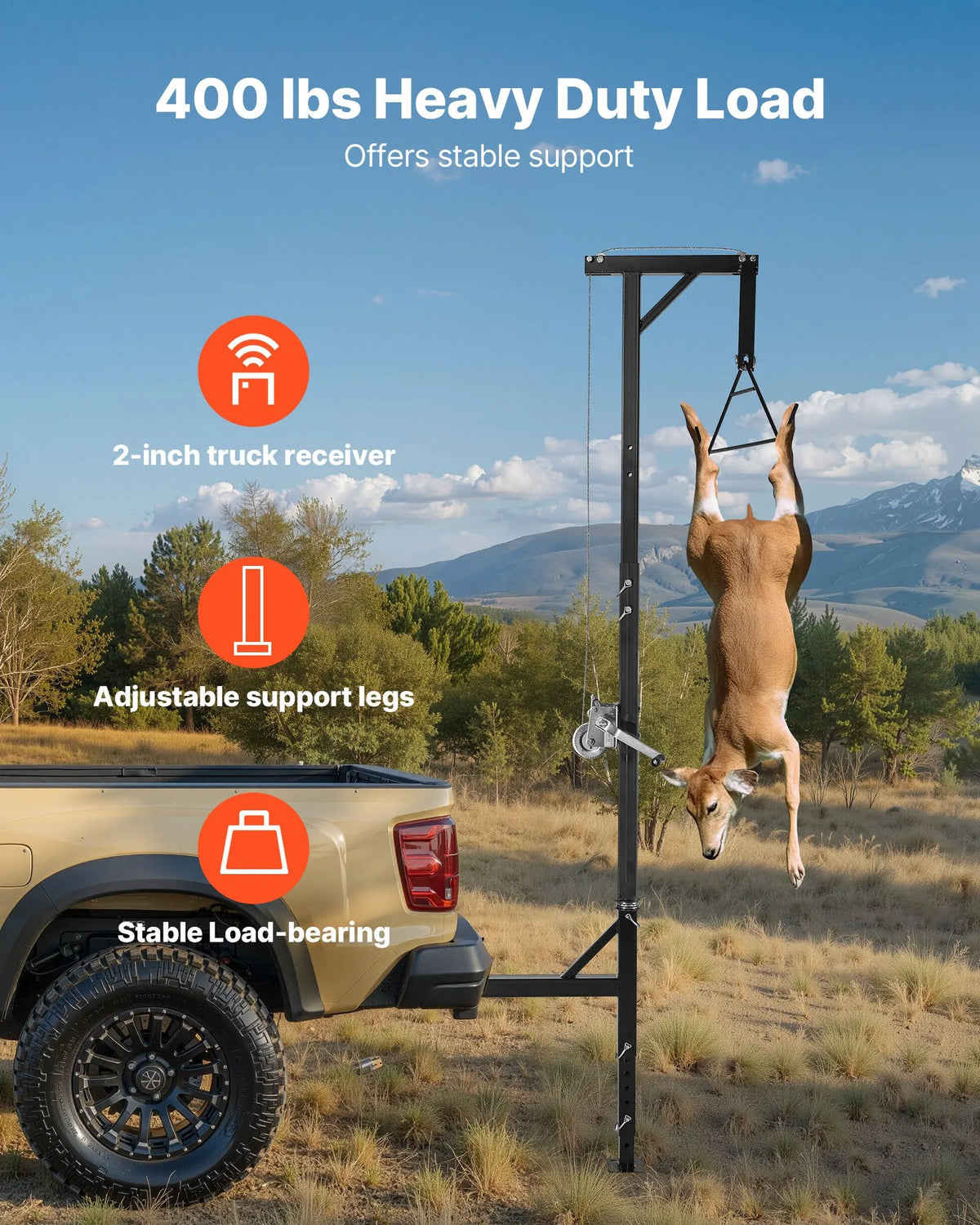 Cargo Trailer Game Hoist, 400 kg Lifting Capacity, Deer Hoist with 50 mm Mount, 360° Rotating Axis and Adjustable Height, with Winch and Hook for Game Processing and Skinning