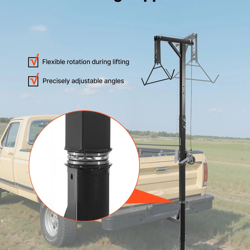 Kravas automašīnas piekabes medījuma pacēlājs, 400 kg celtspēja, medību briežu pacēlājs ar 50 mm stiprinājumu, 360° rotējošu asi un regulējamu augstumu, ar vinču un āķi medījuma tīrīšanai un nodīrāšanai