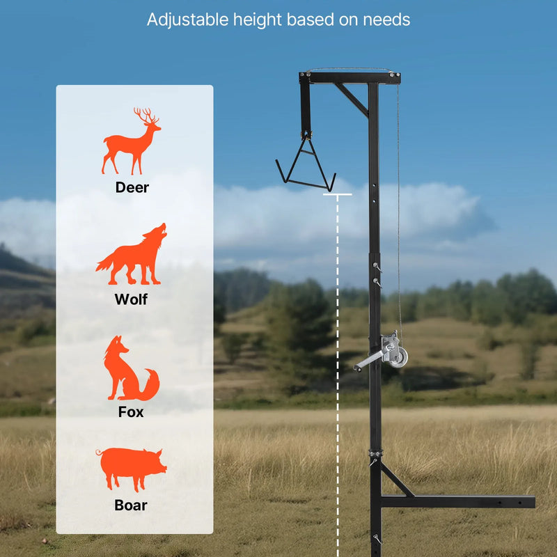 Kravas automašīnas piekabes medījuma pacēlājs, 400 kg celtspēja, medību briežu pacēlājs ar 50 mm stiprinājumu, 360° rotējošu asi un regulējamu augstumu, ar vinču un āķi medījuma tīrīšanai un nodīrāšanai