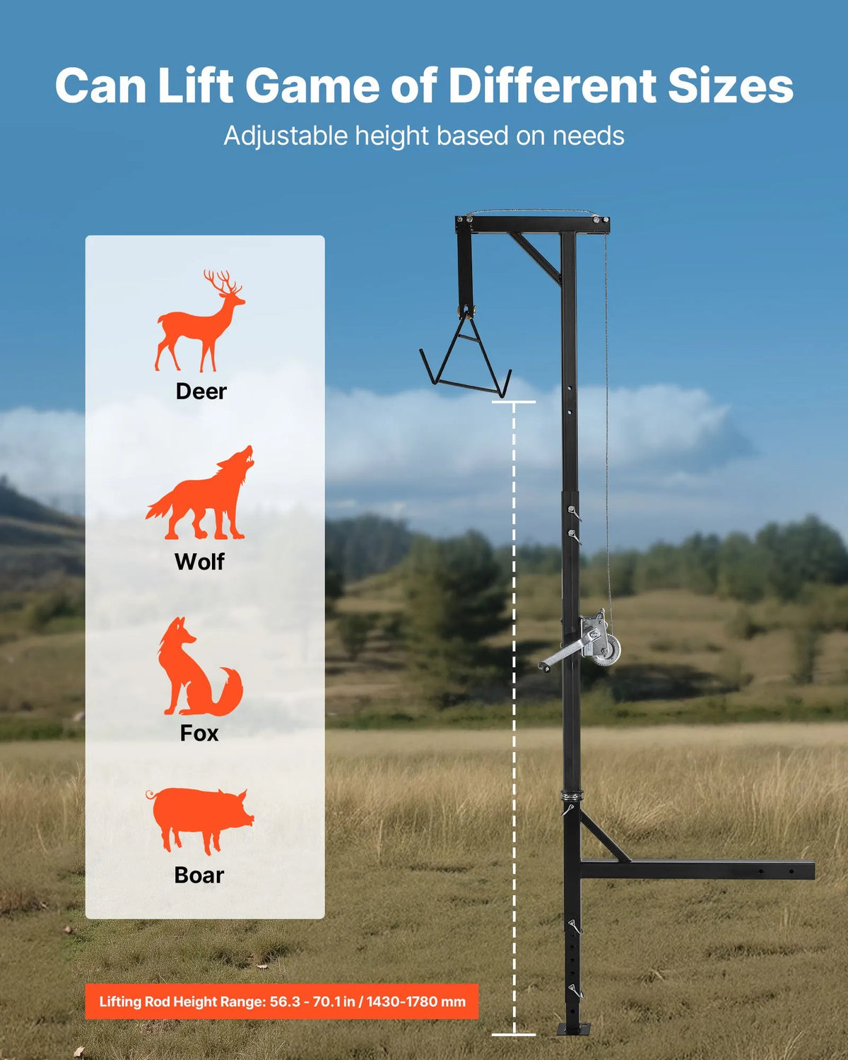 Cargo Trailer Game Hoist, 400 kg Lifting Capacity, Deer Hoist with 50 mm Mount, 360° Rotating Axis and Adjustable Height, with Winch and Hook for Game Processing and Skinning