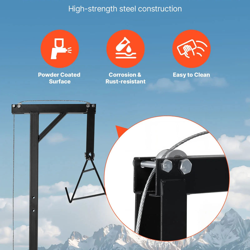 Kravas automašīnas piekabes medījuma pacēlājs, 400 kg celtspēja, medību briežu pacēlājs ar 50 mm stiprinājumu, 360° rotējošu asi un regulējamu augstumu, ar vinču un āķi medījuma tīrīšanai un nodīrāšanai