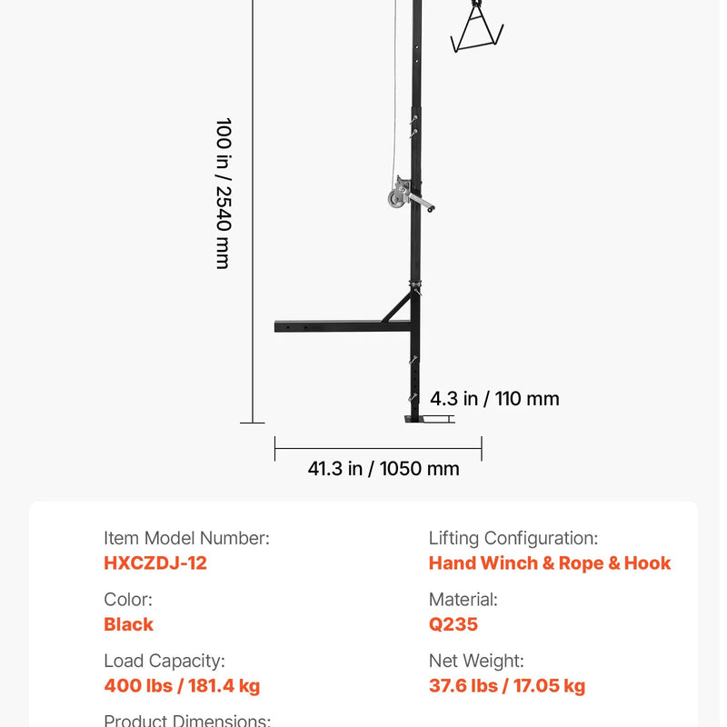 Kravas automašīnas piekabes medījuma pacēlājs, 400 kg celtspēja, medību briežu pacēlājs ar 50 mm stiprinājumu, 360° rotējošu asi un regulējamu augstumu, ar vinču un āķi medījuma tīrīšanai un nodīrāšanai