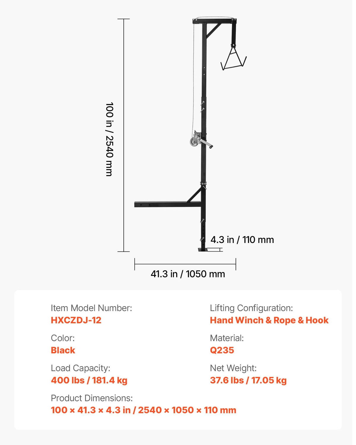 Cargo Trailer Game Hoist, 400 kg Lifting Capacity, Deer Hoist with 50 mm Mount, 360° Rotating Axis and Adjustable Height, with Winch and Hook for Game Processing and Skinning