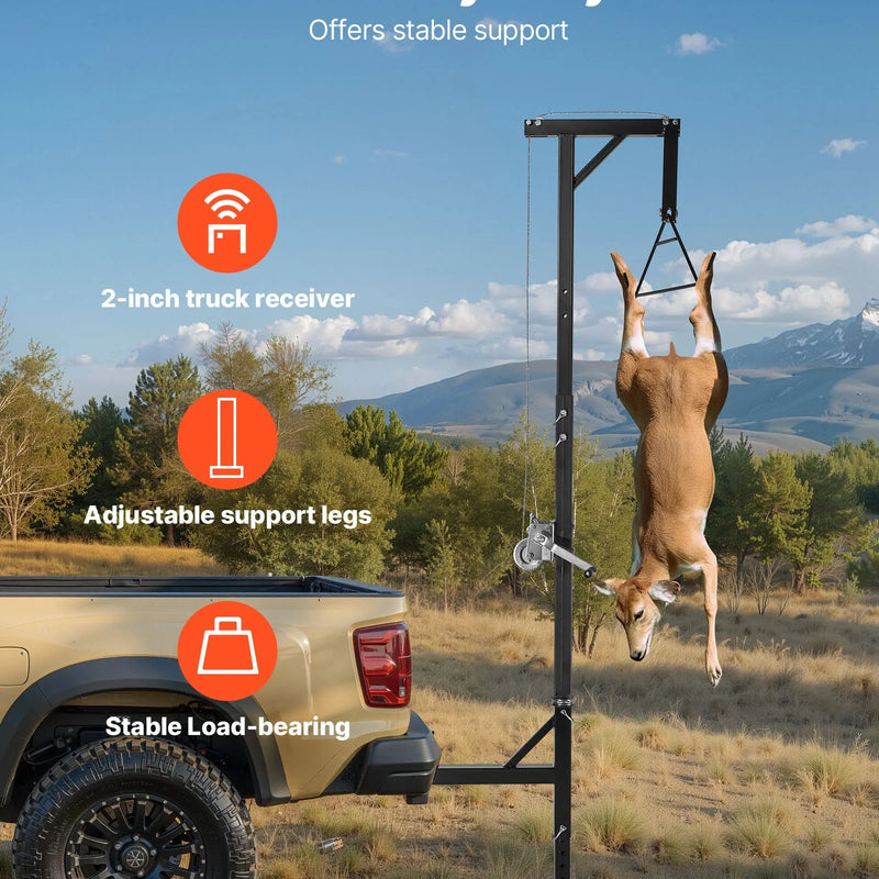 Kravas automašīnas piekabes medījuma pacēlājs, 227 kg celtspēja, ar 50,8 mm stiprinājumu, 360° grozāmu asi un regulējamu augstumu, aprīkots ar vinču un trīsi medījuma tīrīšanai un ādas novilkšanai