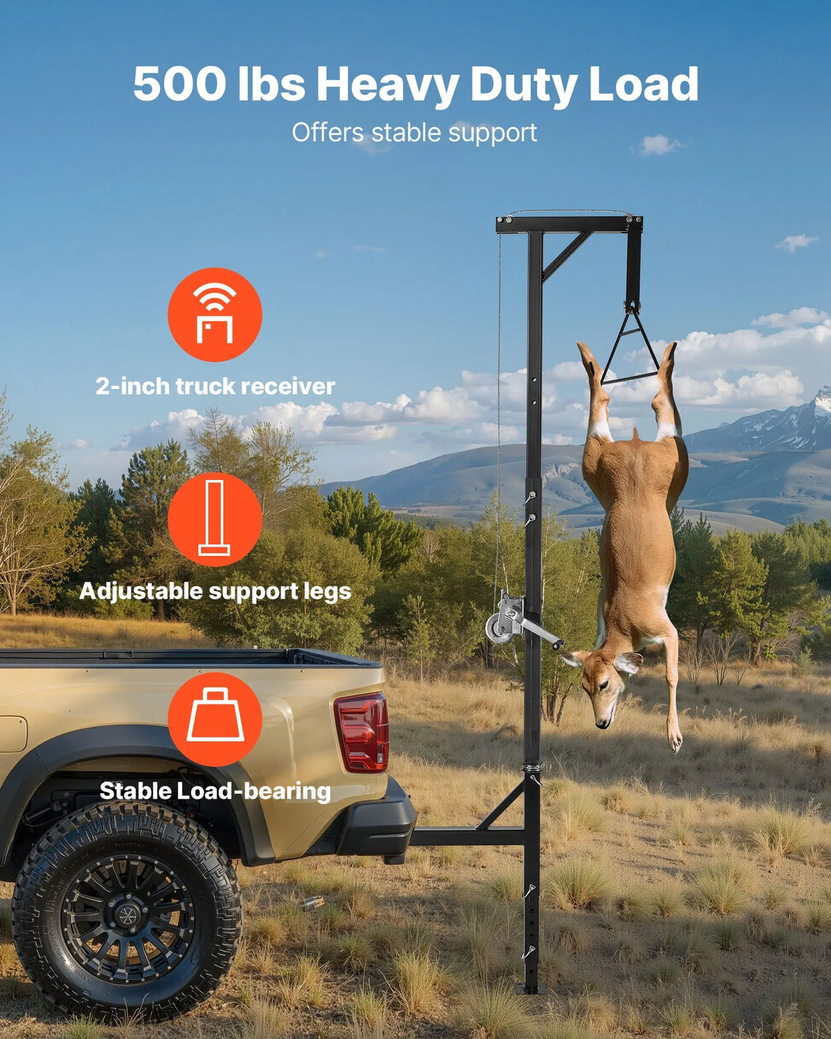 Cargo Trailer Game Hoist, 227 kg Lifting Capacity, with 50.8 mm Mount, 360° Rotating Axis and Adjustable Height, Equipped with Winch and Pulley for Game Processing and Skinning