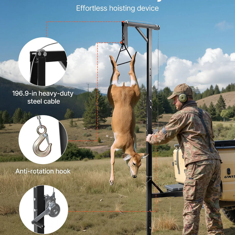 Kravas automašīnas piekabes medījuma pacēlājs, 227 kg celtspēja, ar 50,8 mm stiprinājumu, 360° grozāmu asi un regulējamu augstumu, aprīkots ar vinču un trīsi medījuma tīrīšanai un ādas novilkšanai