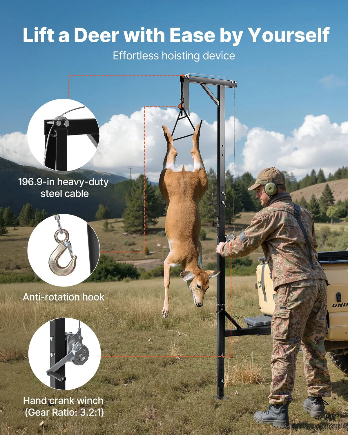 Cargo Trailer Game Hoist, 227 kg Lifting Capacity, with 50.8 mm Mount, 360° Rotating Axis and Adjustable Height, Equipped with Winch and Pulley for Game Processing and Skinning