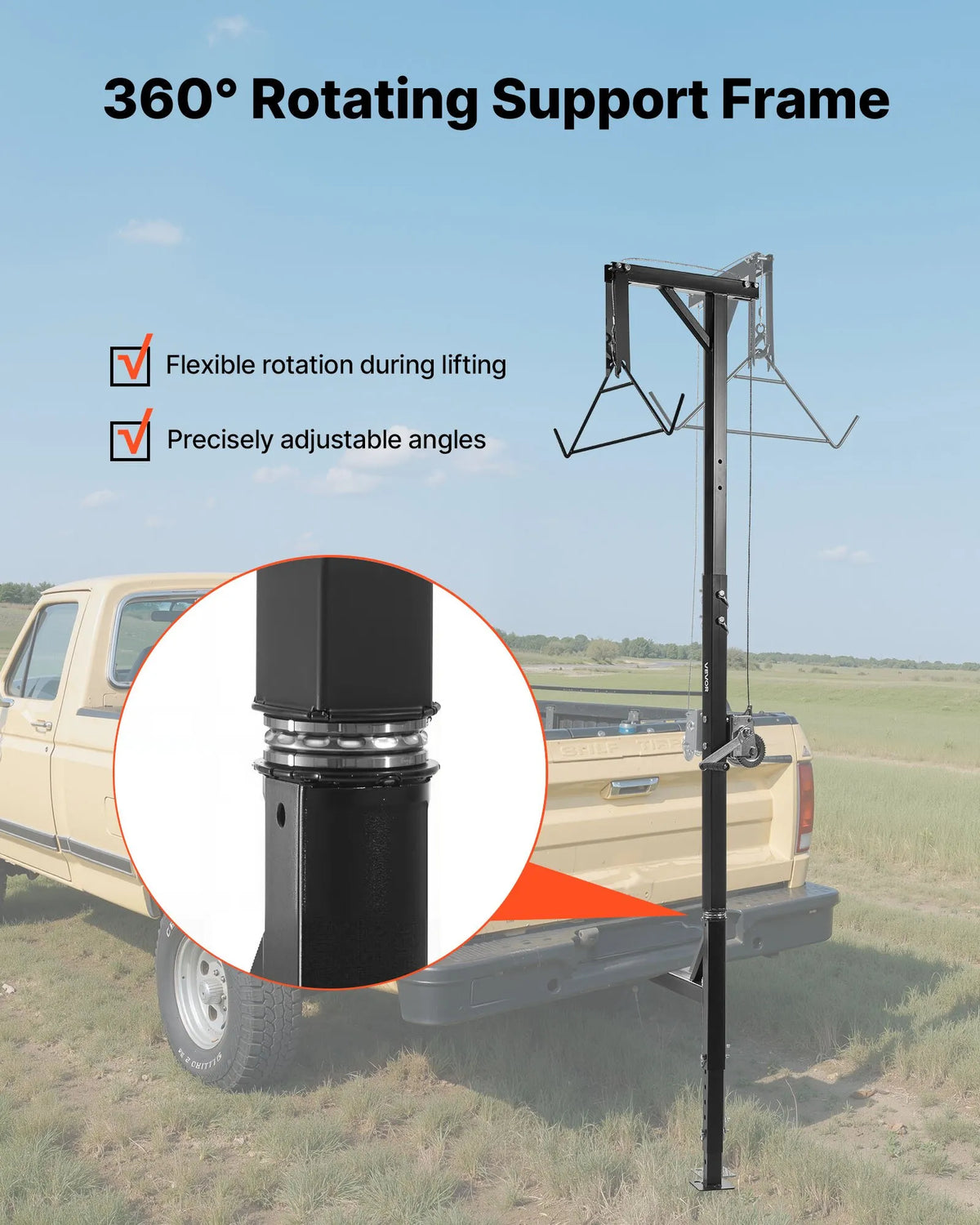 Cargo Trailer Game Hoist, 227 kg Lifting Capacity, with 50.8 mm Mount, 360° Rotating Axis and Adjustable Height, Equipped with Winch and Pulley for Game Processing and Skinning