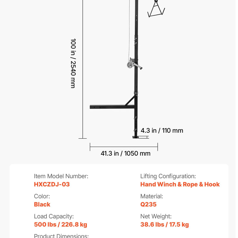 Kravas automašīnas piekabes medījuma pacēlājs, 227 kg celtspēja, ar 50,8 mm stiprinājumu, 360° grozāmu asi un regulējamu augstumu, aprīkots ar vinču un trīsi medījuma tīrīšanai un ādas novilkšanai