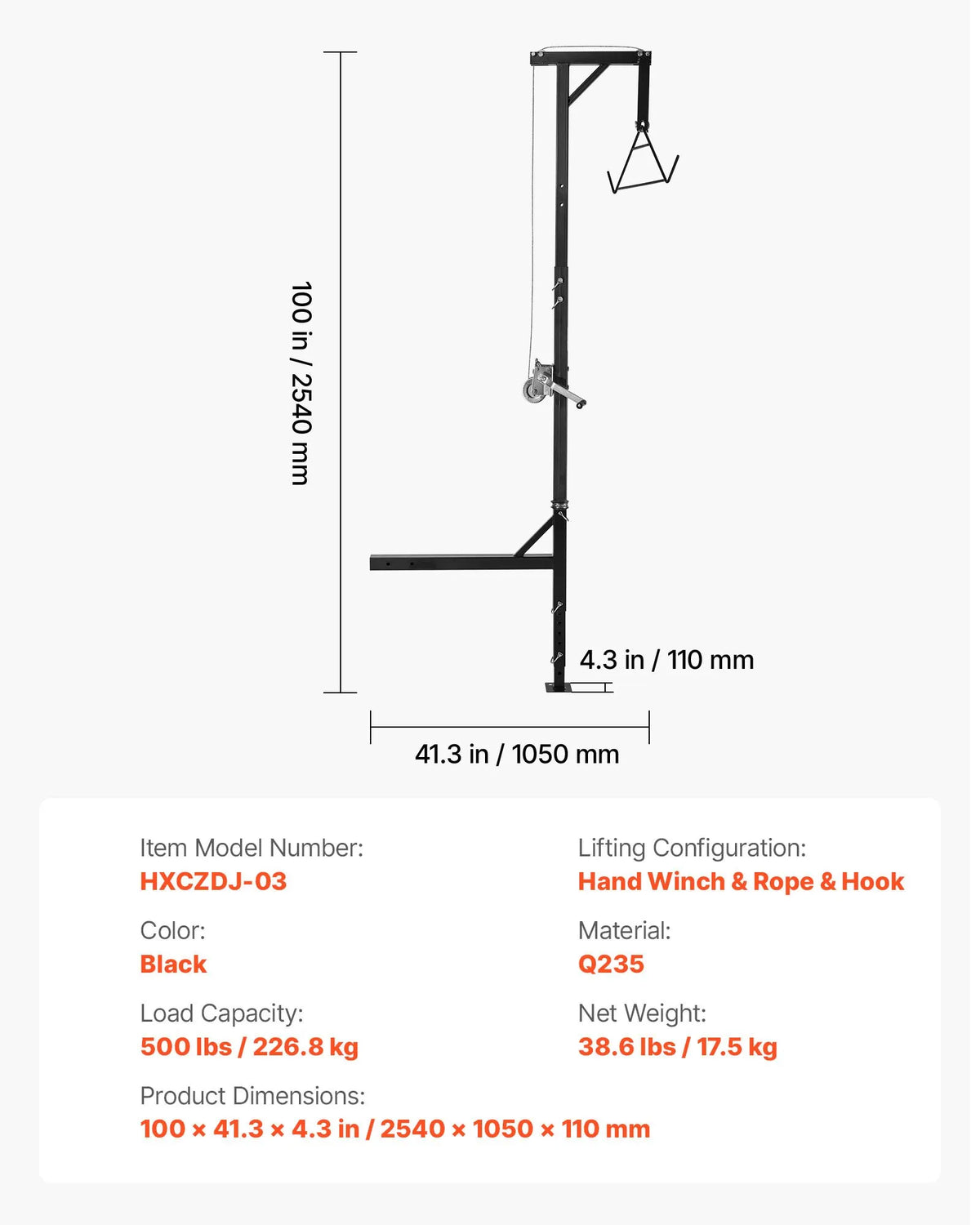 Cargo Trailer Game Hoist, 227 kg Lifting Capacity, with 50.8 mm Mount, 360° Rotating Axis and Adjustable Height, Equipped with Winch and Pulley for Game Processing and Skinning