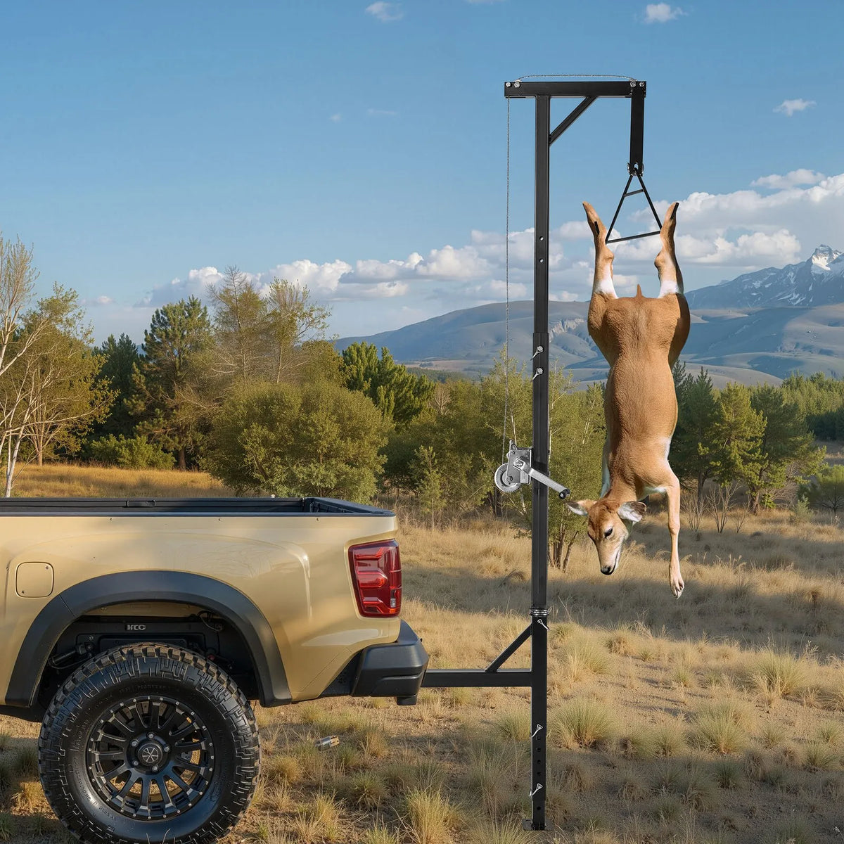 Cargo Trailer Game Hoist, 227 kg Lifting Capacity, with 50.8 mm Mount, 360° Rotating Axis and Adjustable Height, Equipped with Winch and Pulley for Game Processing and Skinning