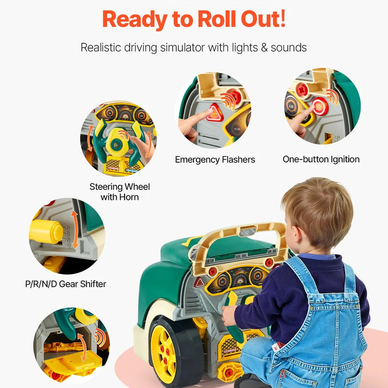 VEVOR dzinēja rotaļlieta, 60 detaļas, bērnu mehāniķa auto remonta komplekts ar noņemamām detaļām, gaismām un skaņām, stūri un taurīti, mehāniķa darbnīcas rotaļu komplekts bērniem no 3 gadu vecuma, zaļš