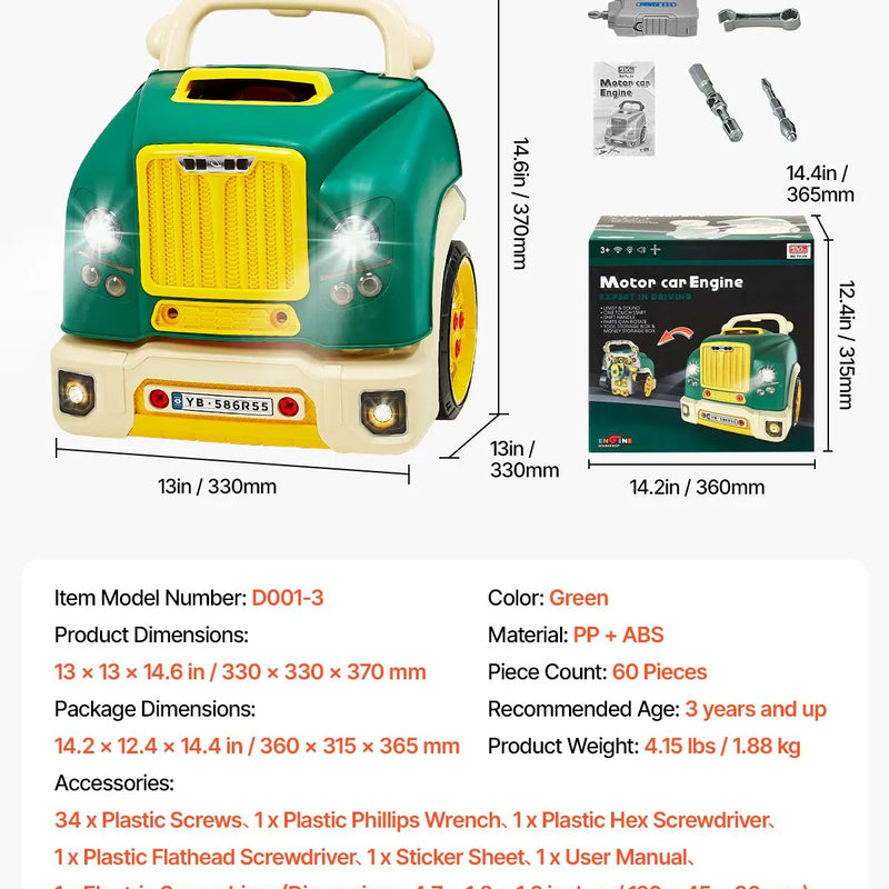 VEVOR dzinēja rotaļlieta, 60 detaļas, bērnu mehāniķa auto remonta komplekts ar noņemamām detaļām, gaismām un skaņām, stūri un taurīti, mehāniķa darbnīcas rotaļu komplekts bērniem no 3 gadu vecuma, zaļš