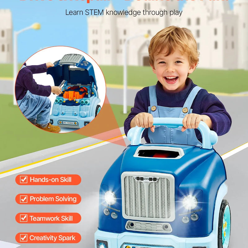 VEVOR dzinēja rotaļlieta, 60 detaļas, bērnu mehāniķa auto remonta komplekts ar noņemamām detaļām, gaismām un skaņām, stūri un taurīti, mehāniķa darbnīcas rotaļu komplekts bērniem no 3 gadu vecuma, zils