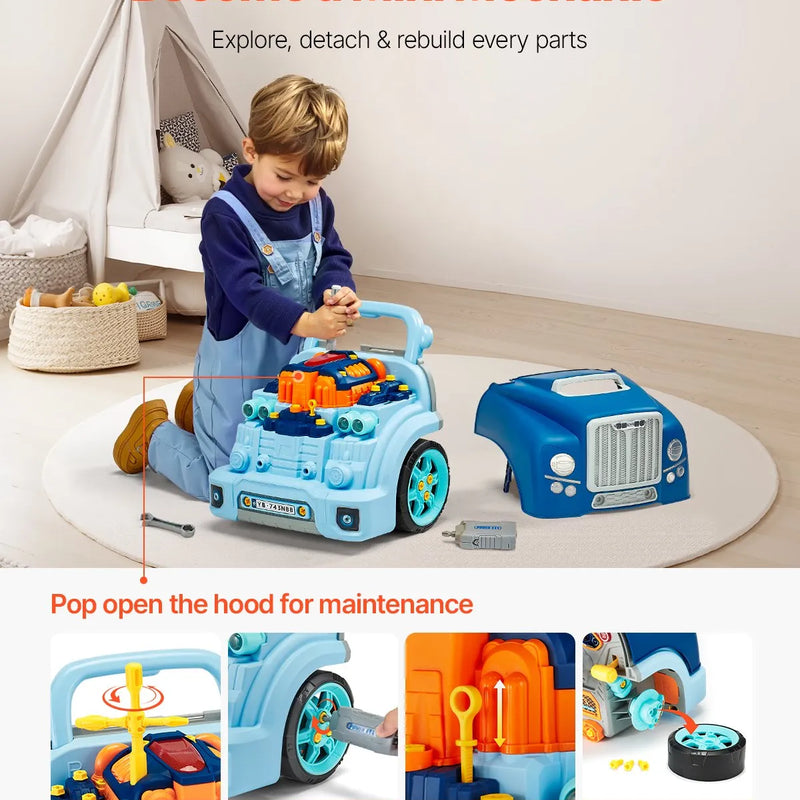 VEVOR dzinēja rotaļlieta, 60 detaļas, bērnu mehāniķa auto remonta komplekts ar noņemamām detaļām, gaismām un skaņām, stūri un taurīti, mehāniķa darbnīcas rotaļu komplekts bērniem no 3 gadu vecuma, zils