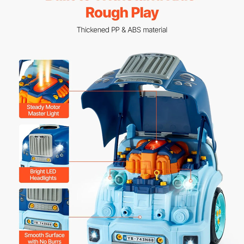 VEVOR dzinēja rotaļlieta, 60 detaļas, bērnu mehāniķa auto remonta komplekts ar noņemamām detaļām, gaismām un skaņām, stūri un taurīti, mehāniķa darbnīcas rotaļu komplekts bērniem no 3 gadu vecuma, zils