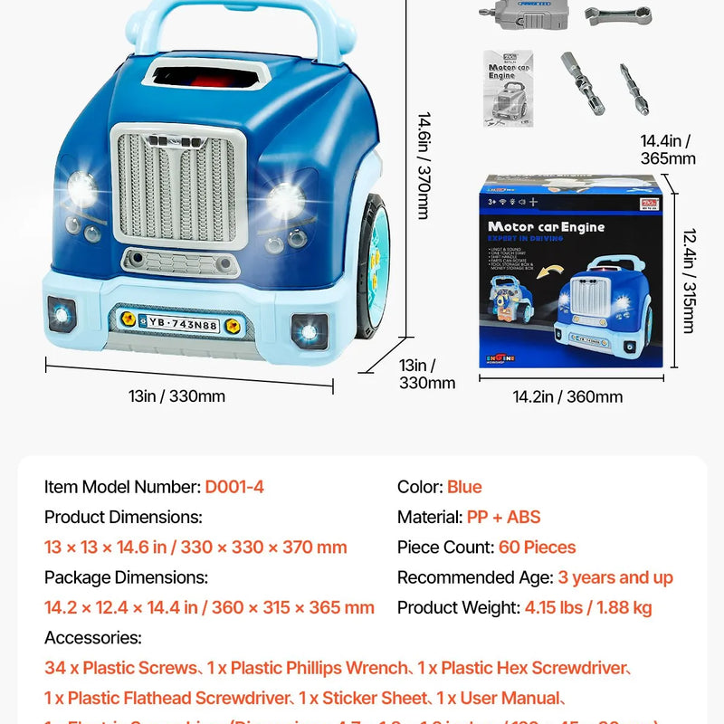 VEVOR dzinēja rotaļlieta, 60 detaļas, bērnu mehāniķa auto remonta komplekts ar noņemamām detaļām, gaismām un skaņām, stūri un taurīti, mehāniķa darbnīcas rotaļu komplekts bērniem no 3 gadu vecuma, zils