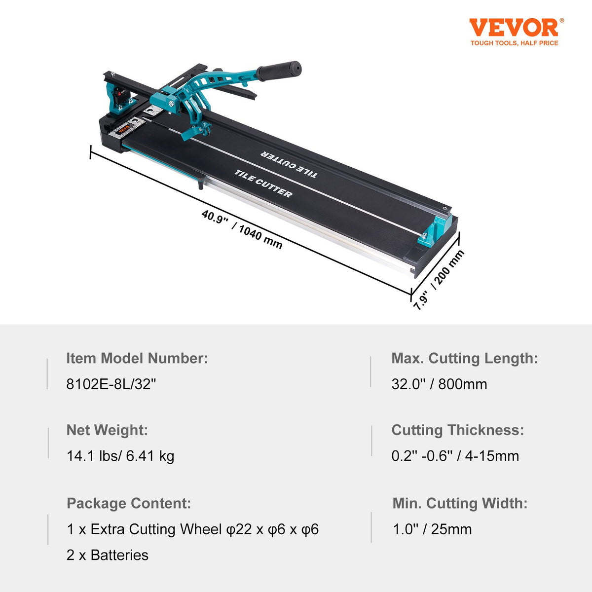 VEVOR Manual Porcelain and Ceramic Tile Cutter, 800 mm, with Tungsten Carbide Cutting Wheel, Infrared Positioning, Non-Slip Feet and Durable Rails for Professional Use