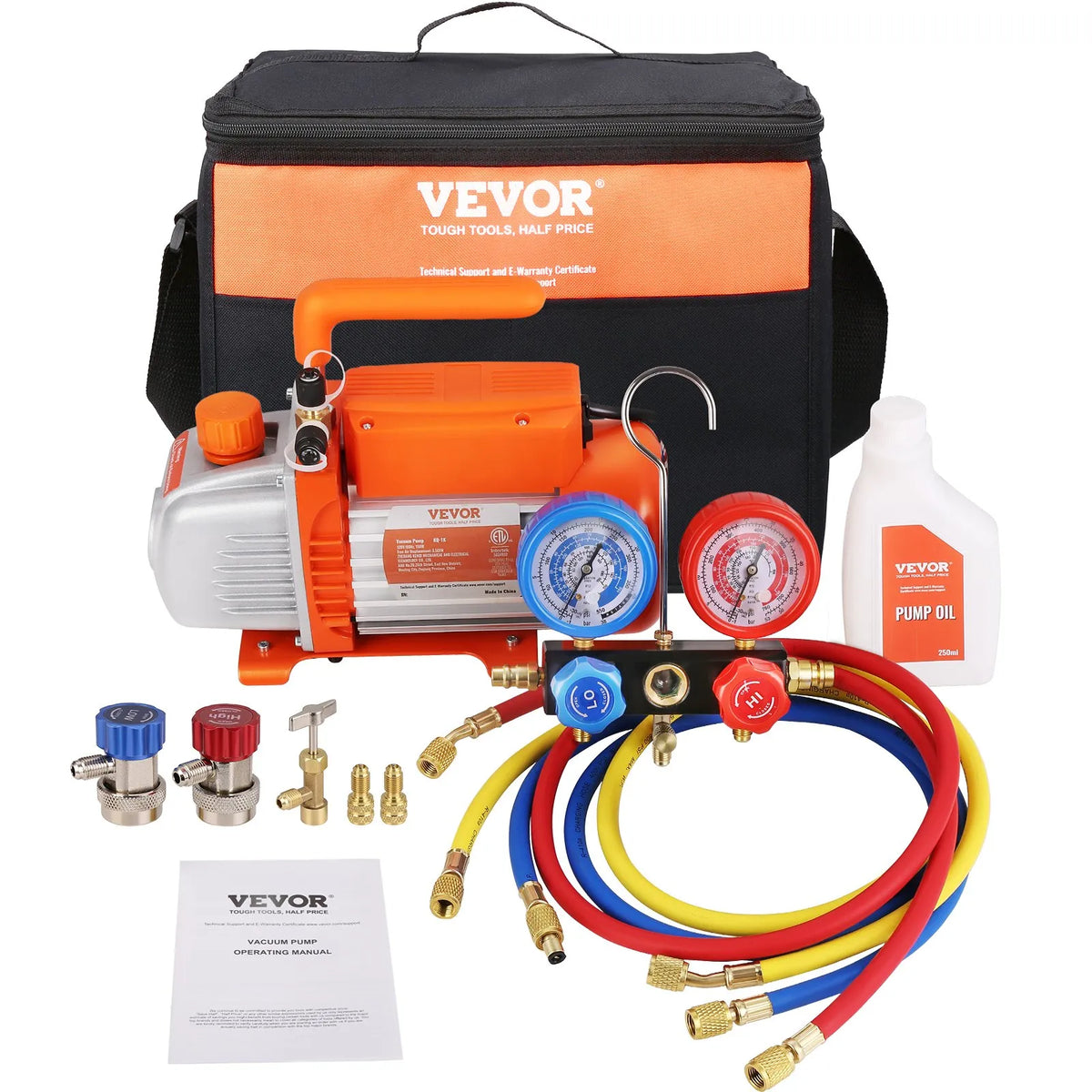 VEVOR Single-Stage HVAC Vacuum Pump with Gauge Set 99 l/min, 1/5 HP, Rotary Vane Design, with Three Colour Hoses and Carrying Bag, Suitable for R134a and R410A