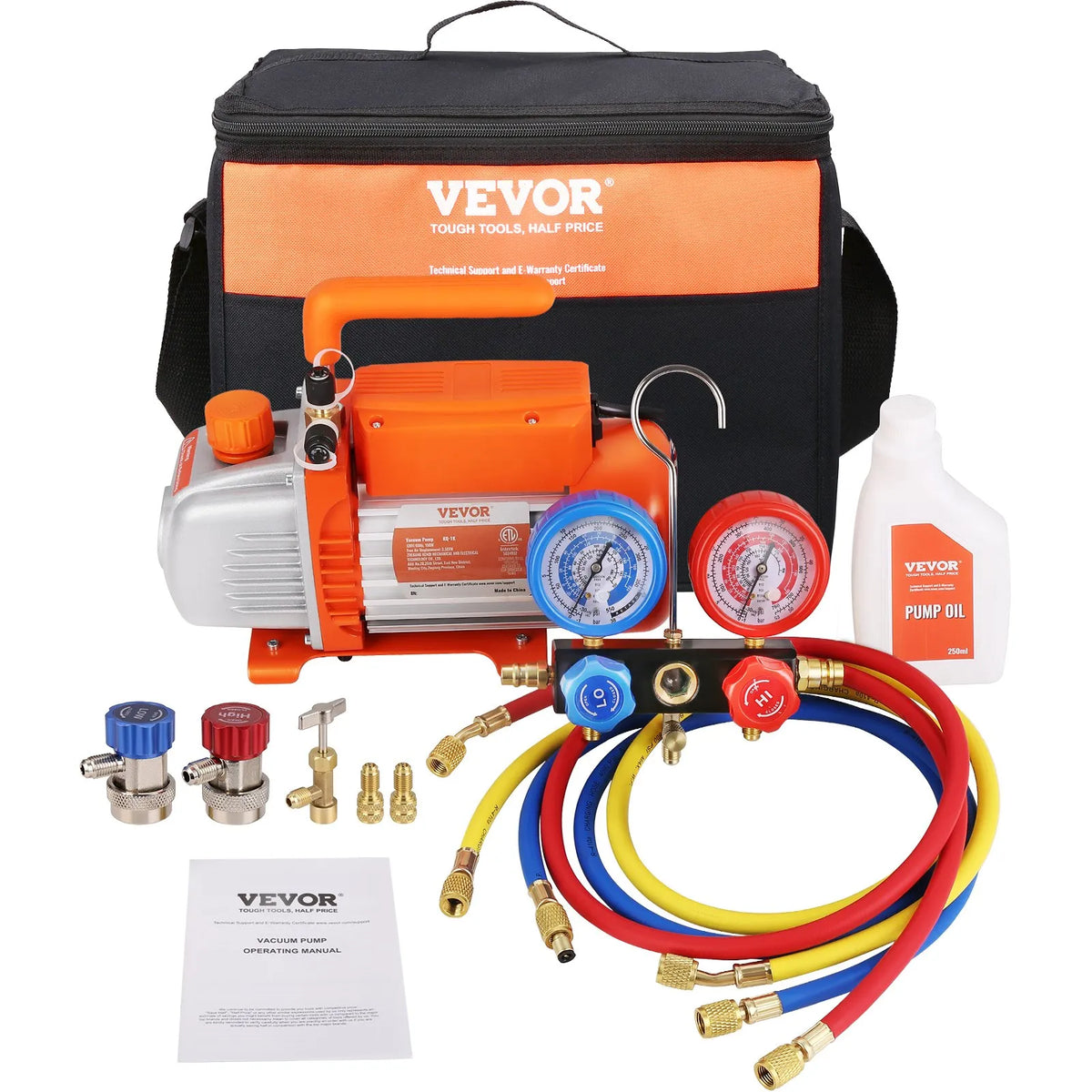 VEVOR Single-Stage HVAC Vacuum Pump with Gauge Set 99 l/min, 1/5 HP, Rotary Vane Design, with Three Colour Hoses and Carrying Bag, Suitable for R134a and R410A