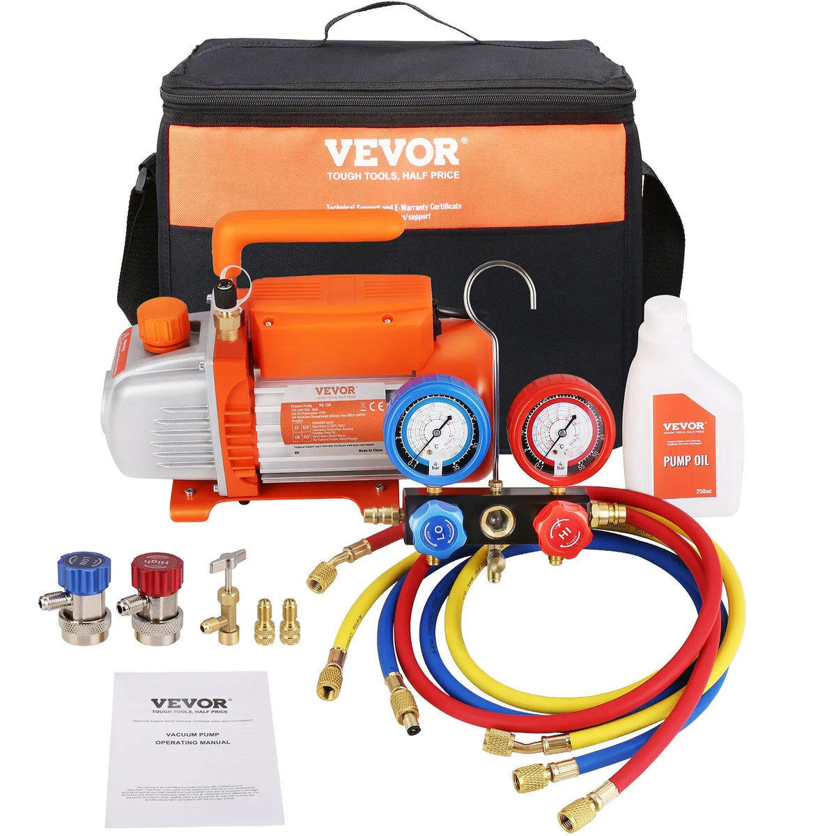 VEVOR Single-Stage HVAC Vacuum Pump with Gauge Set 267 l/min (4.5 CFM), 186 W (1/4 HP), Rotary Vane Design, with Three Colour Hoses and Carrying Bag, Suitable for R134a and R410A