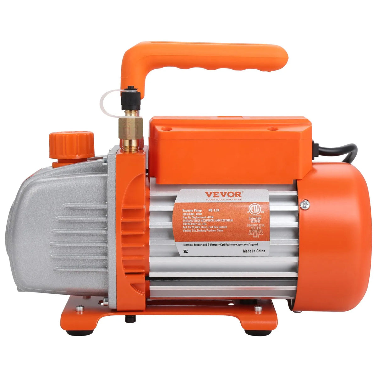 VEVOR Single-Stage HVAC Vacuum Pump with Gauge Set 267 l/min (4.5 CFM), 186 W (1/4 HP), Rotary Vane Design, with Three Colour Hoses and Carrying Bag, Suitable for R134a and R410A