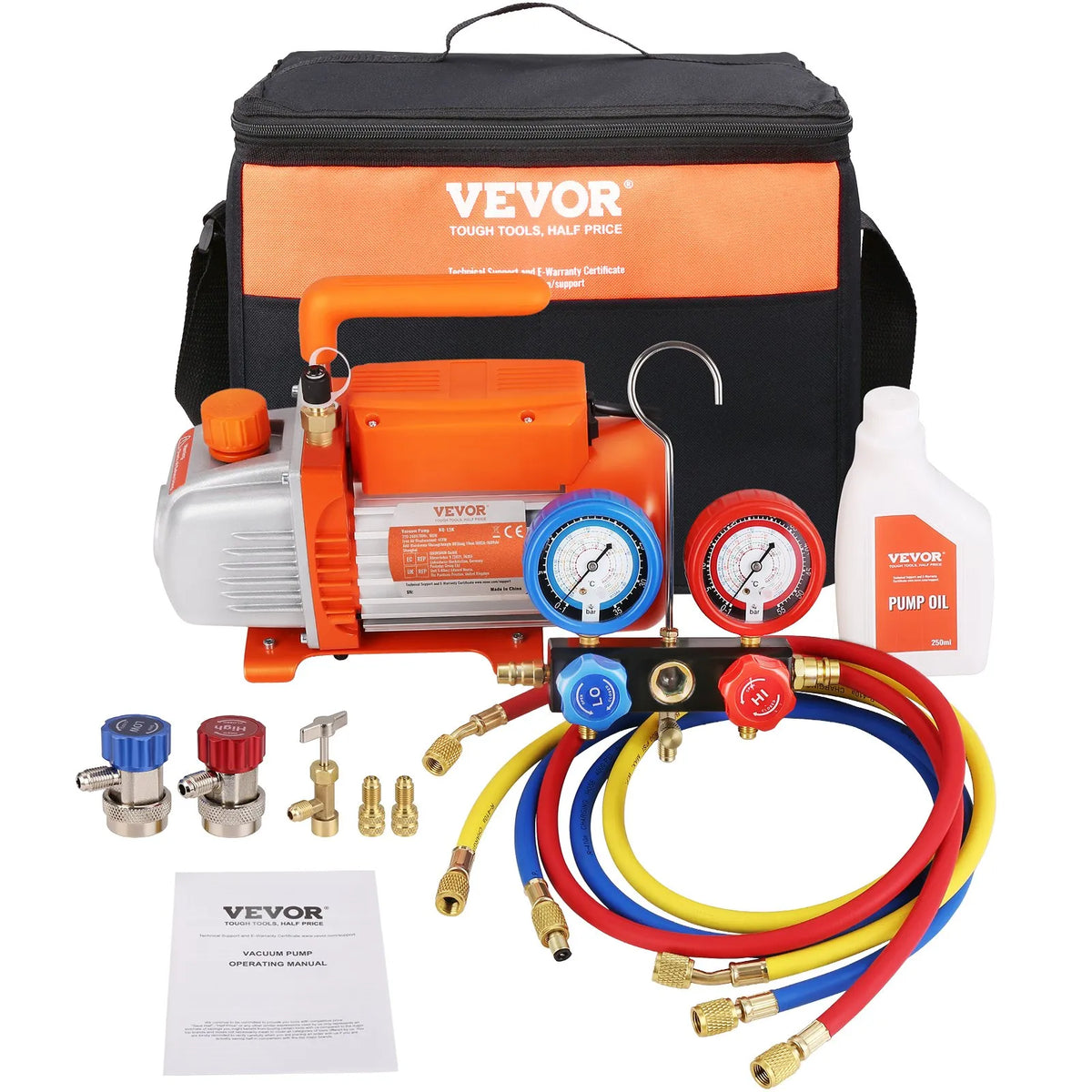 VEVOR Single-Stage HVAC Vacuum Pump with Gauge Set 267 l/min (4.5 CFM), 186 W (1/4 HP), Rotary Vane Design, with Three Colour Hoses and Carrying Bag, Suitable for R134a and R410A