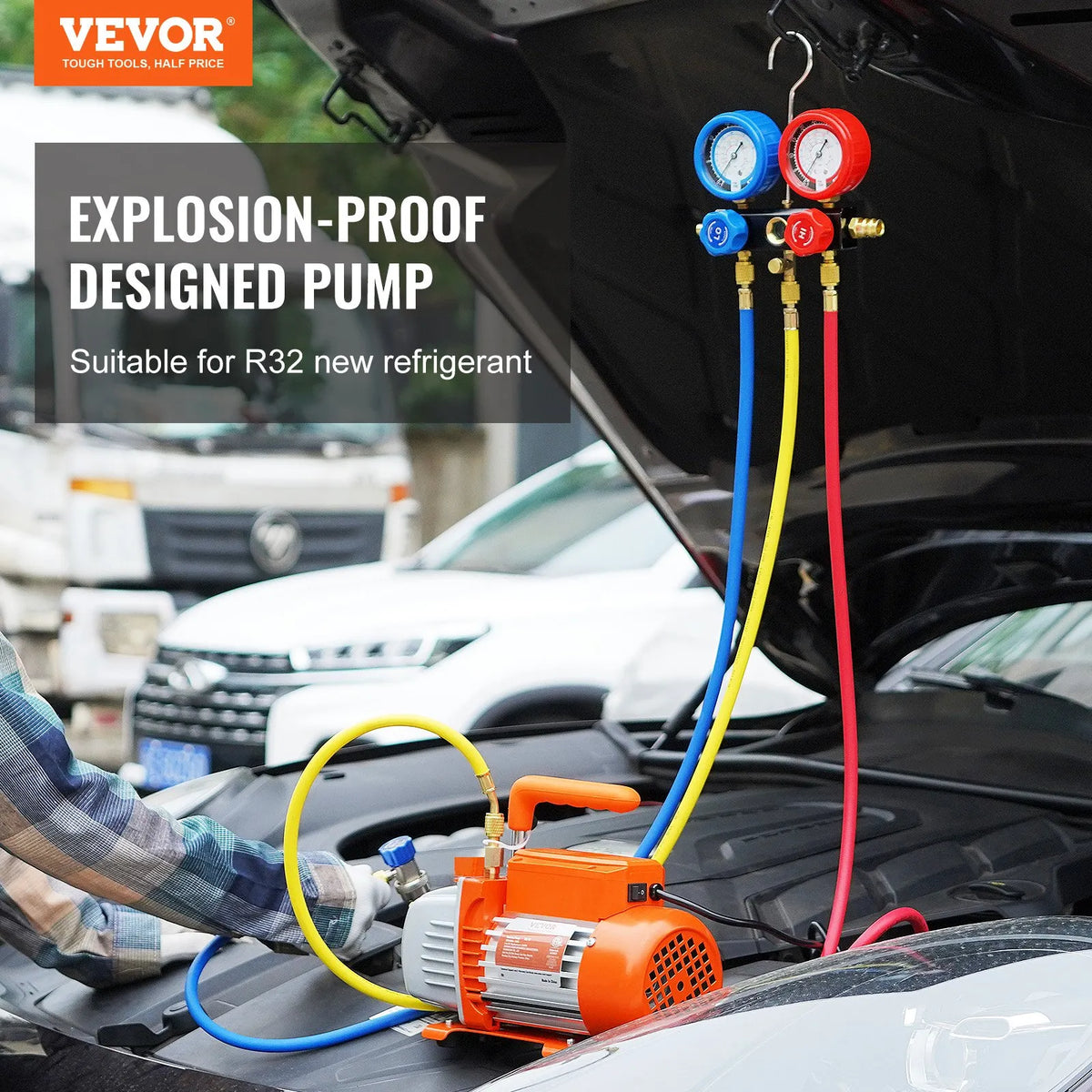 VEVOR Single-Stage HVAC Vacuum Pump with Gauge Set 267 l/min (4.5 CFM), 186 W (1/4 HP), Rotary Vane Design, with Three Colour Hoses and Carrying Bag, Suitable for R134a and R410A