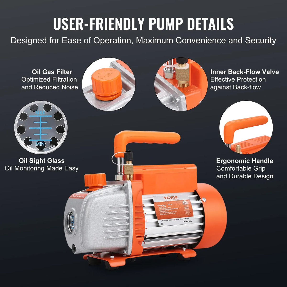 VEVOR Single-Stage HVAC Vacuum Pump with Gauge Set 267 l/min (4.5 CFM), 186 W (1/4 HP), Rotary Vane Design, with Three Colour Hoses and Carrying Bag, Suitable for R134a and R410A