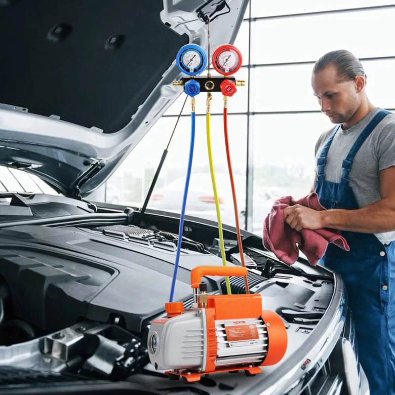 VEVOR vienpakāpes HVAC vakuuma sūknis ar manometru komplektu 267 l/min (4,5 CFM), 186 W (1/4 ZS), rotācijas lāpstiņu konstrukcija, ar trīs krāsu šļūtenēm un somu, piemērots R134a un R410A