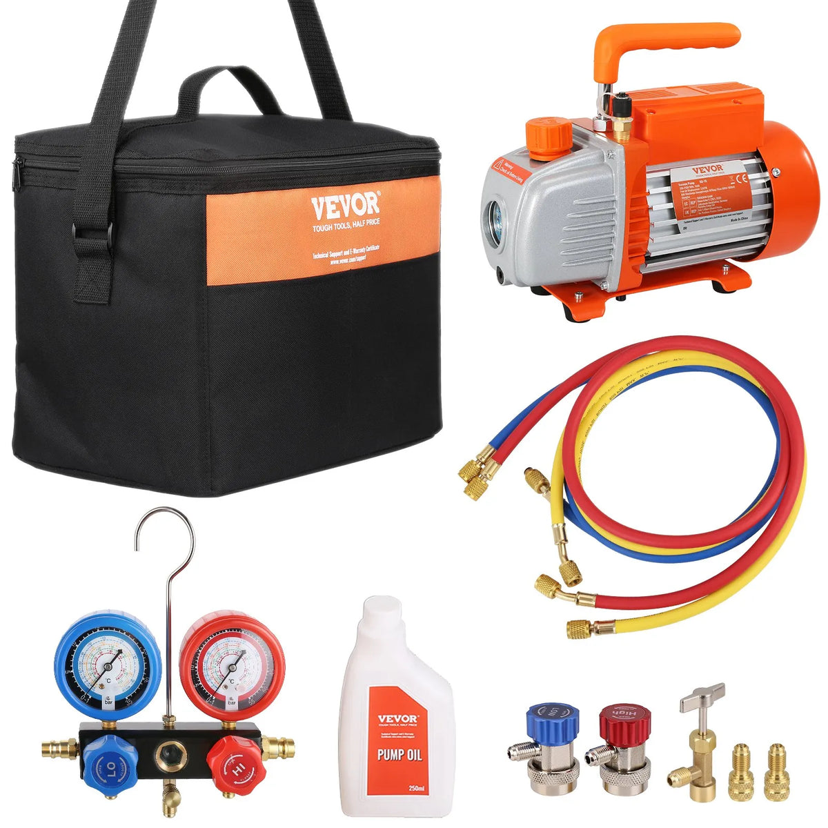 VEVOR Single-Stage HVAC Vacuum Pump with Gauge Set 267 l/min (4.5 CFM), 186 W (1/4 HP), Rotary Vane Design, with Three Colour Hoses and Carrying Bag, Suitable for R134a and R410A
