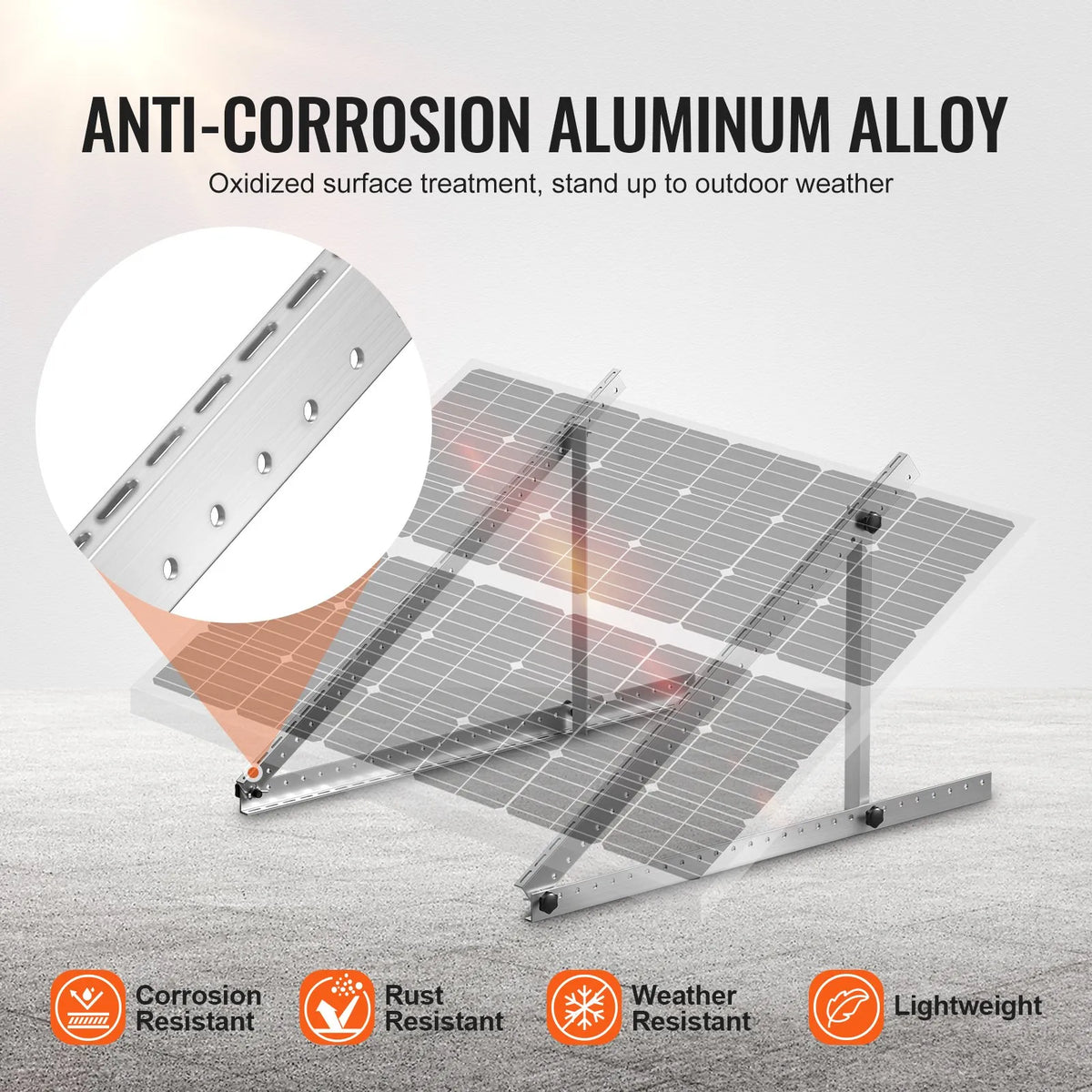 VEVOR 104 cm saules paneļu montāžas kronšteini, regulējams slīpums 0–90°, paredzēti 100–300 W paneļiem, viegli alumīnija kronšteini ar salokāmām balsta kājām jumtam, kemperim, laivai un autonomām sistēmām