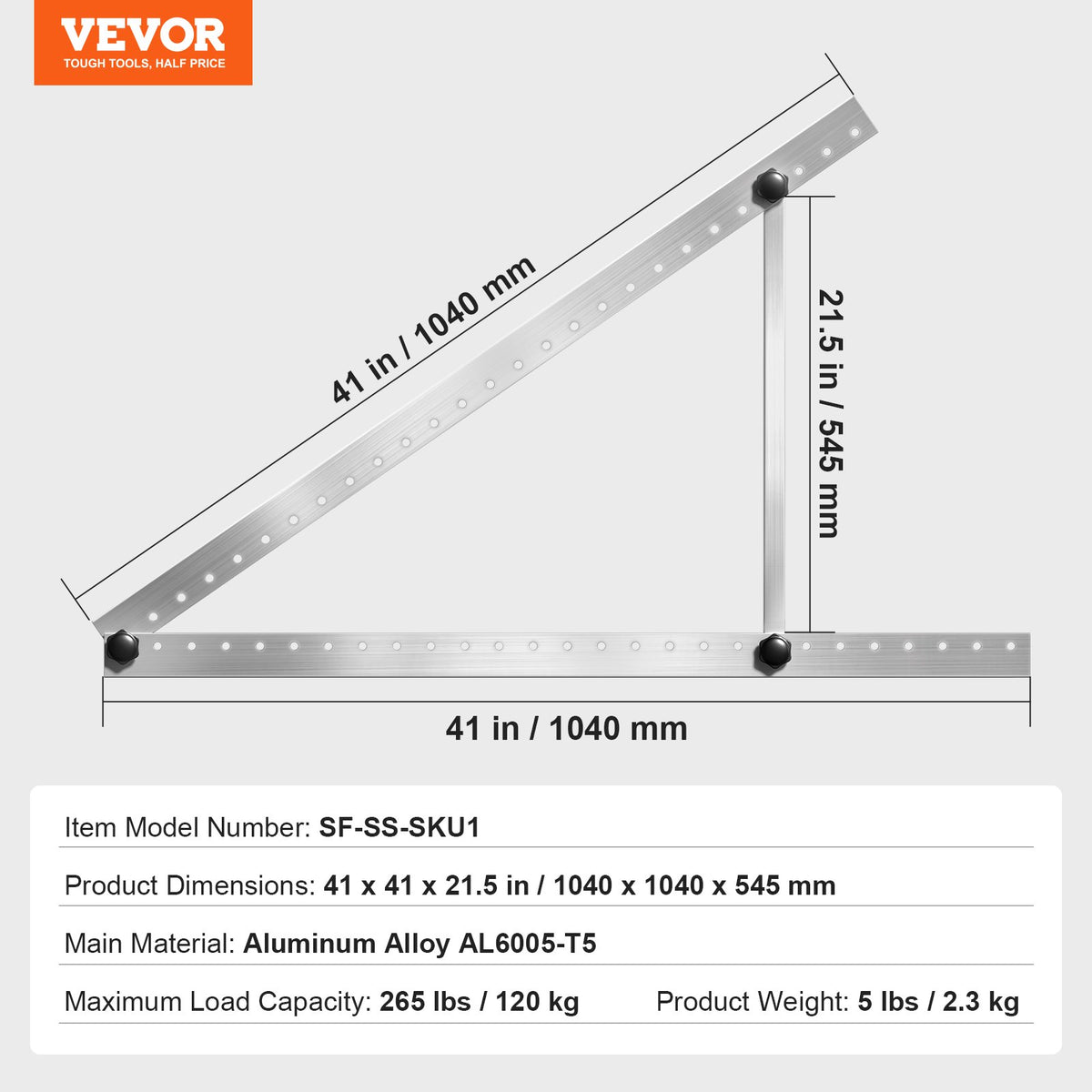 VEVOR 104 cm saules paneļu montāžas kronšteini, regulējams slīpums 0–90°, paredzēti 100–300 W paneļiem, viegli alumīnija kronšteini ar salokāmām balsta kājām jumtam, kemperim, laivai un autonomām sistēmām